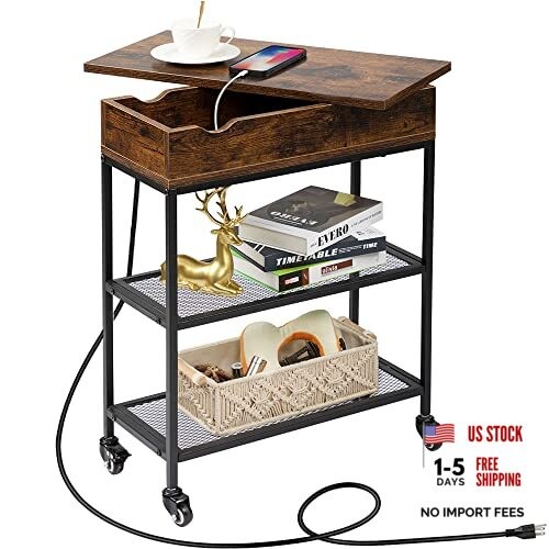 Narrow End Table with Charging Station & Rotating Top, Couch Rustic Brown