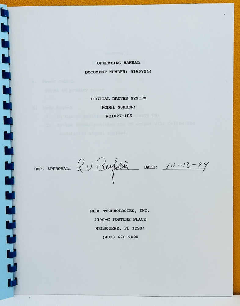 Neos Technologies 51A07044 Digital Driver System Model N21027-1DS Oper Manual.