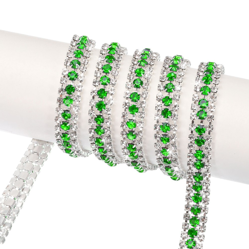 2 Yard 9mm 3 Rows Crystal Rhinestone Close Chain Silver Light Green White