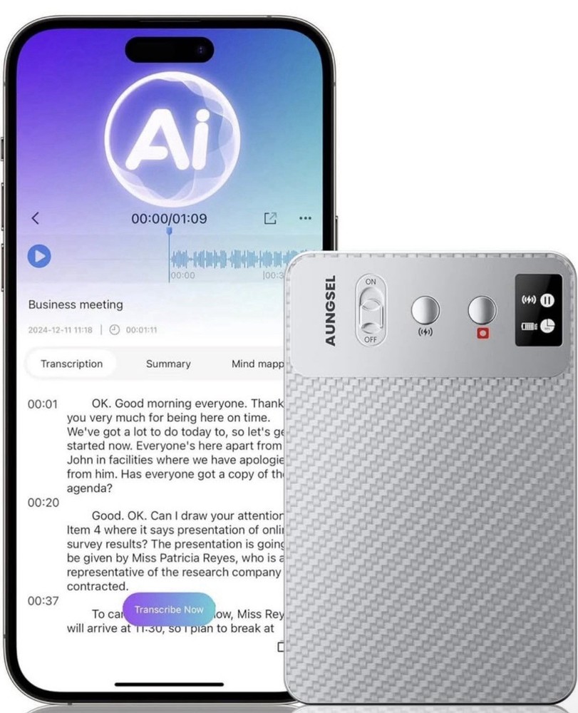 AUNGSEL Handheld Voice Recorder 64GB Flash Memory OLED Display Wireless Charging
