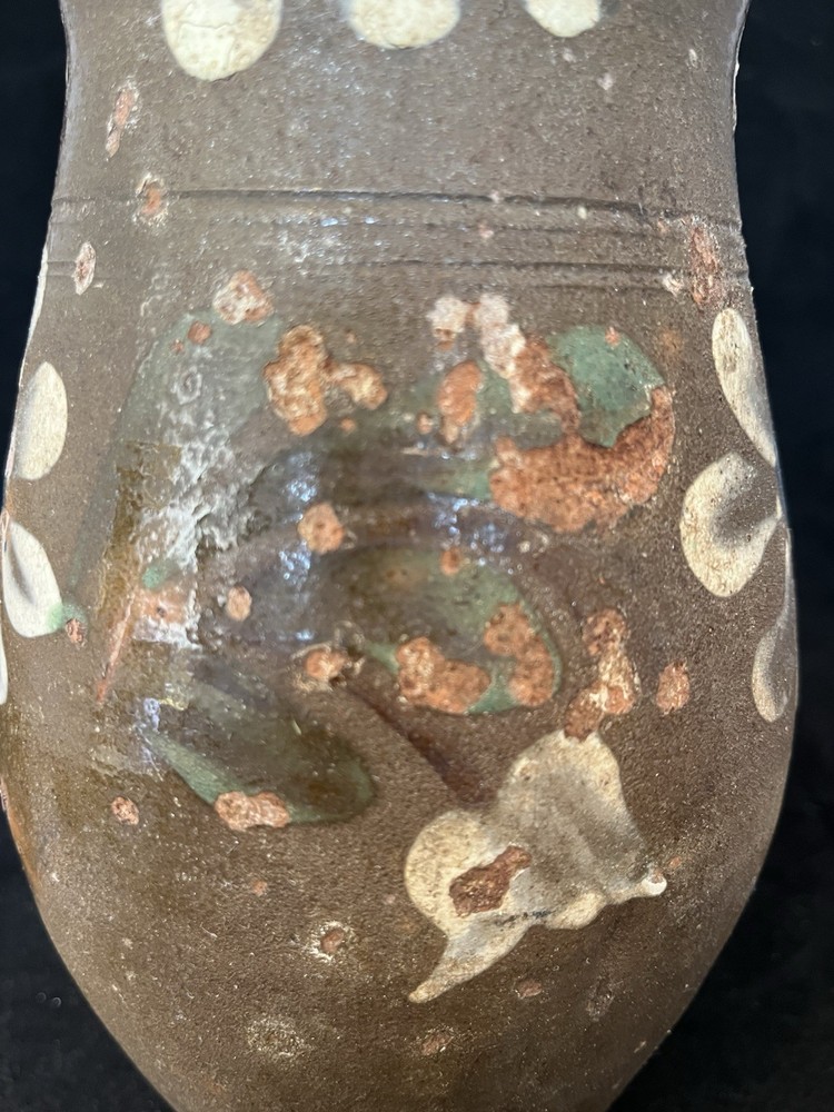 Fantastic Circa 1800’s Redware Milk Pitcher. Applied Handle Painted Florals.