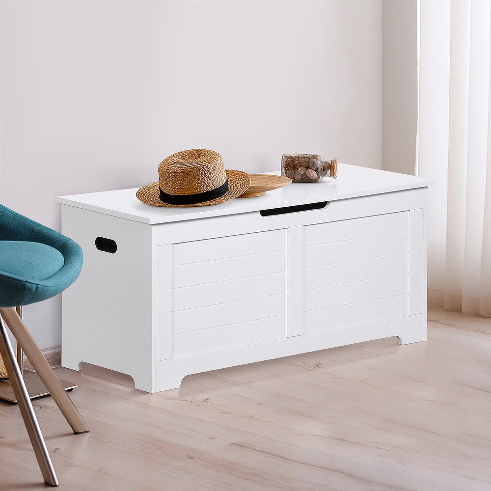 Wood Trunk Flip-Top Toy Box Storage Organizer Bench with Safty Hinge White
