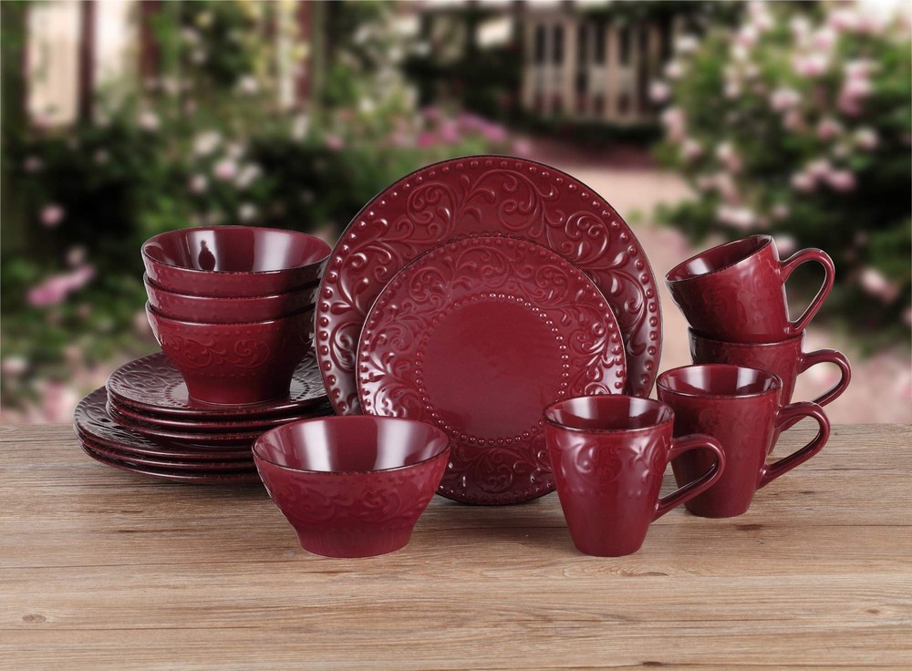 16 Piece Stoneware Scroll Dinnerware Red
