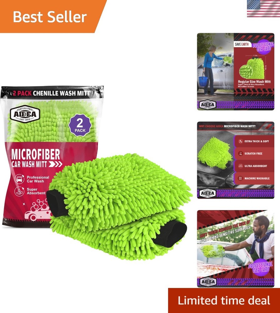 Car Wash Mitt Microfiber, 2PK Scratch Free Lint-Free,  Chenille Microfiber Mi...