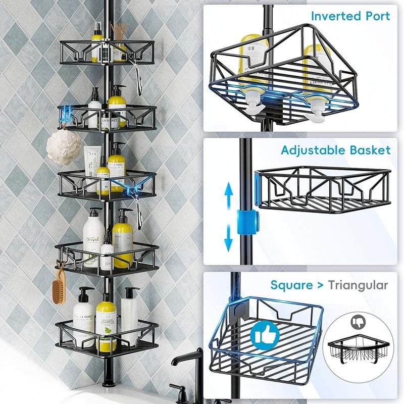Height Adjustable Corner Tension Pole Shower Caddy 5 Baskets Rust Proof 2 Hooks
