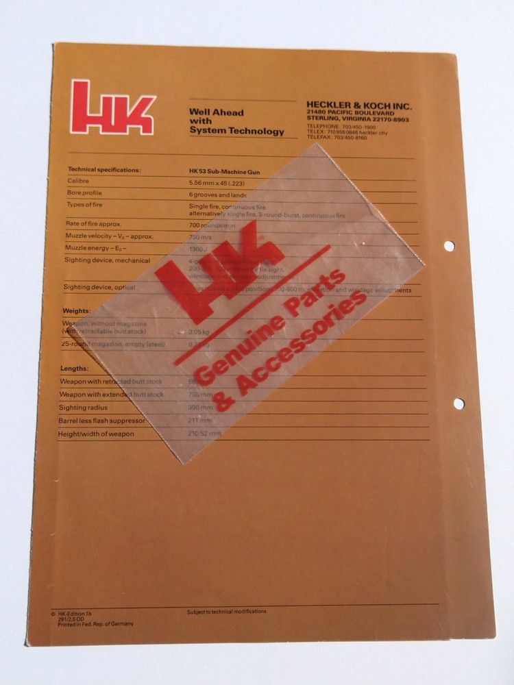 HK Model 53 Sub-Machine Gun Original Brochure Mint!