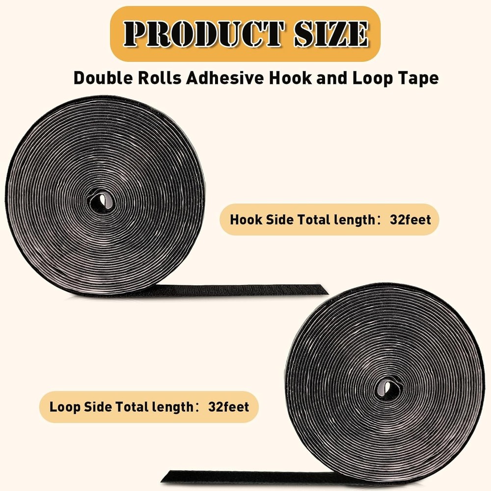 32 Ft × 1 Inch Hook and Loop Strips with Adhesive, 2 Rolls 32Ft×1in, Black