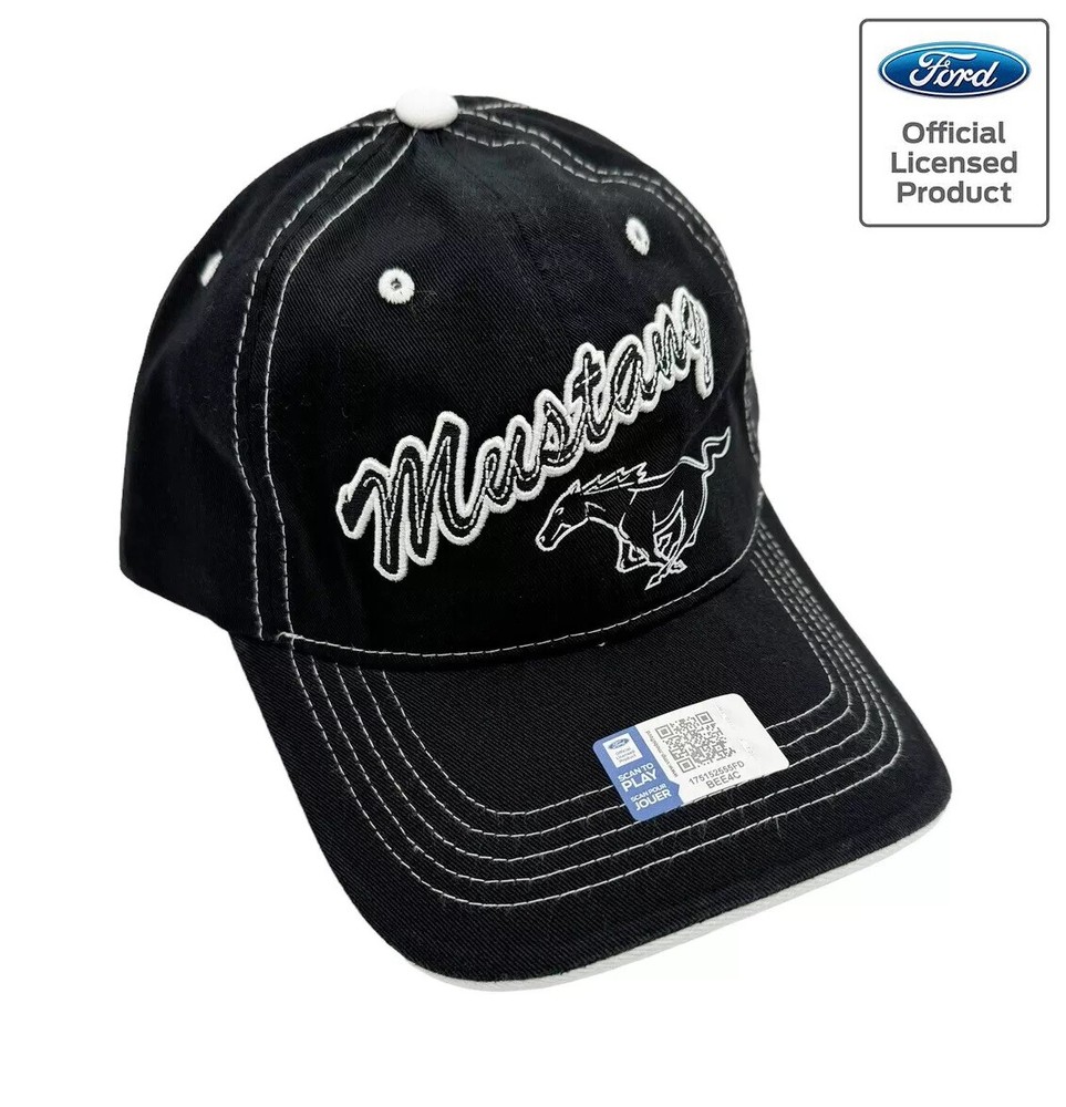Black Ford Mustang Hat Cap w/ Pony Logo & Embroidered "Mustang" Script