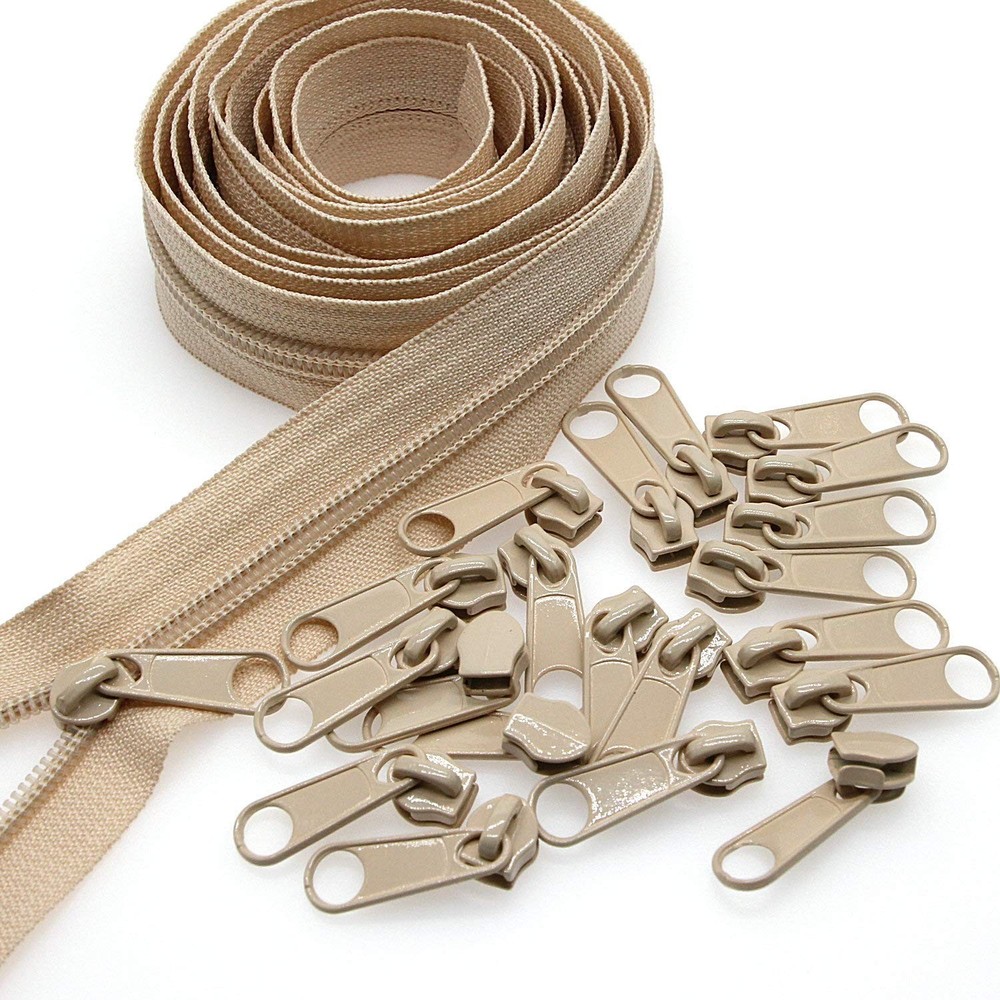 Bulk Nylon Coil Zipper Tape, 10 Yard Roll, 25 Pieces Pulls, Beige