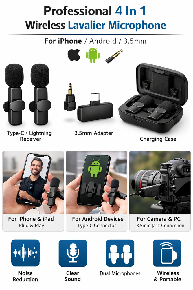 Professional 4 In 1 Wireless Lavalier Microphone for iPhone Android 3.5mm