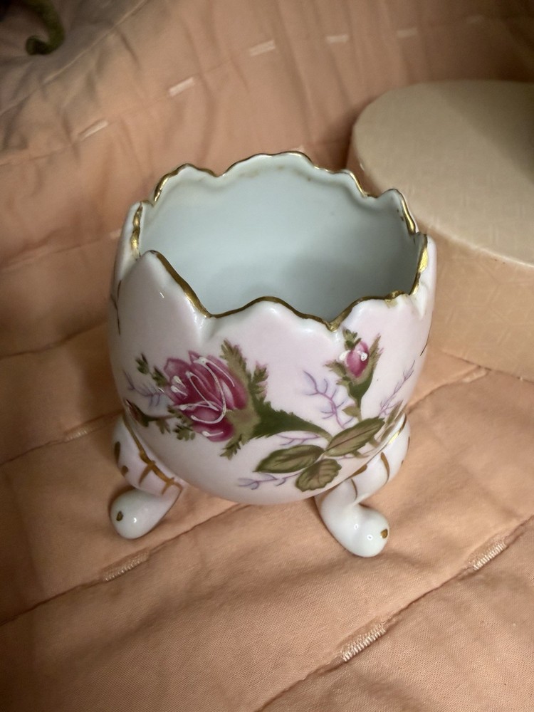 Ceramic Egg-Shaped Three-Legged Planter Hand Painted Floral Roses Gold Trim