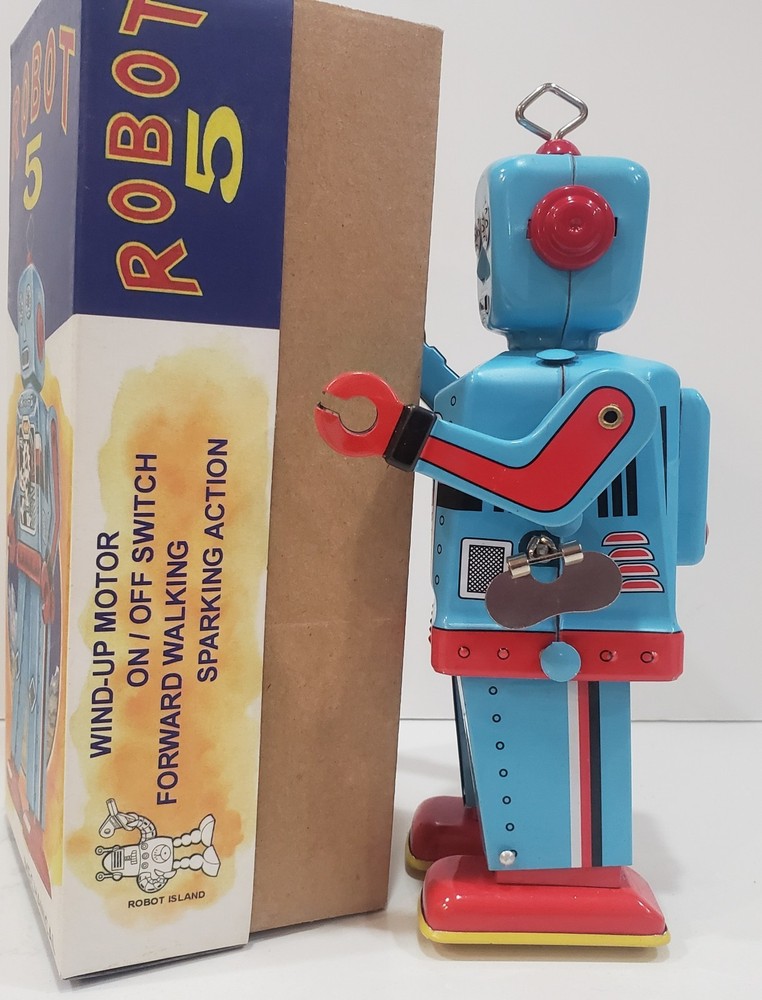 Robot 5 Blue Robot Windup Tin Toy
