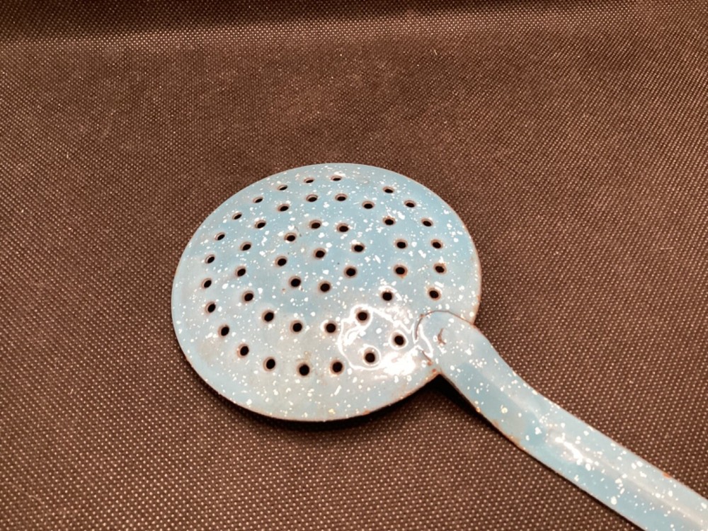 Vintage light Blue white Speckled Enamelware / Graniteware Strainer Ladle