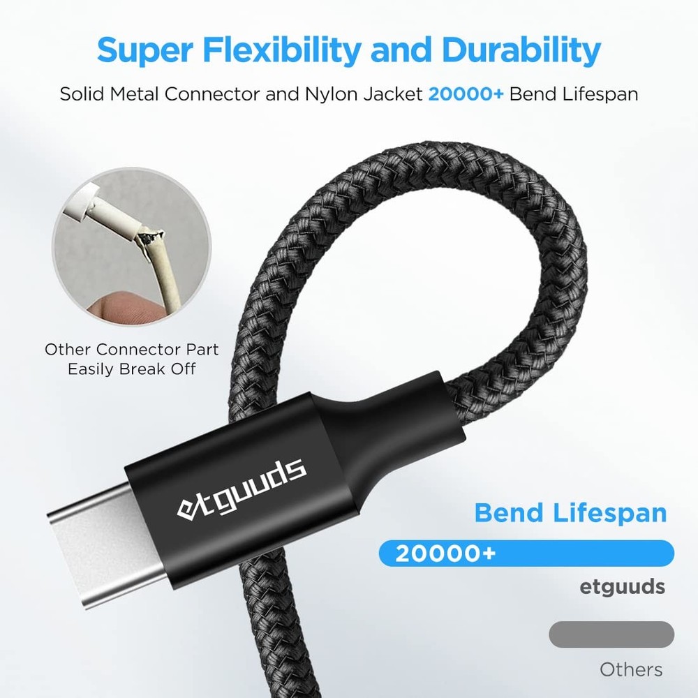 etguuds Long USB A to C Cable 10ft, 2-Pack Fast Charging Type Black