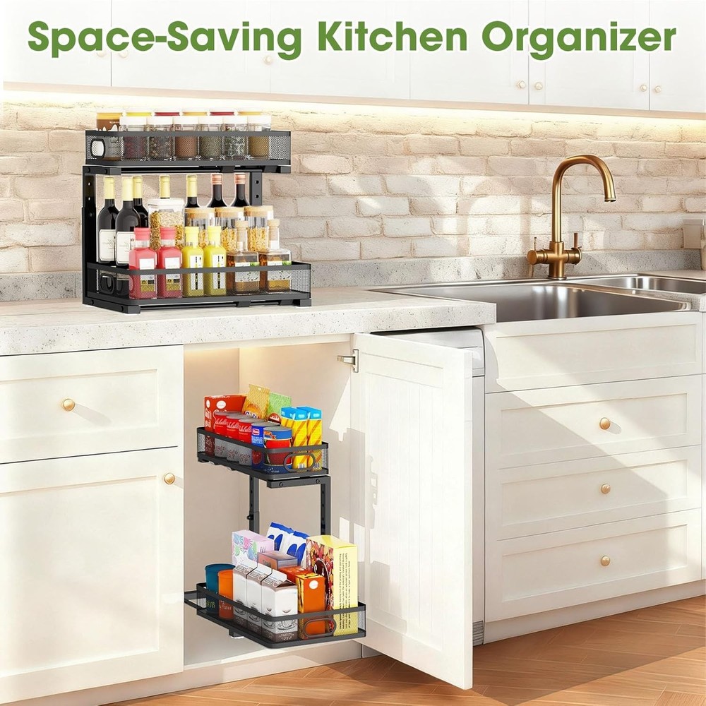 Rust-Resistant Under Sink Storage Racks: Metal 2-Tier Pull-Out Shelves - 2-Pack