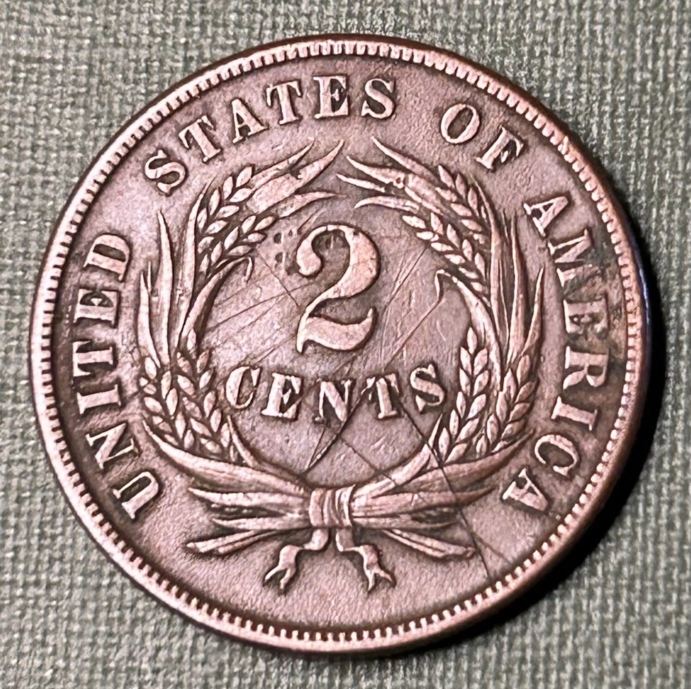 1865 Two Cent Piece - Looks AU - Free Shipping - Nice 2C Brown