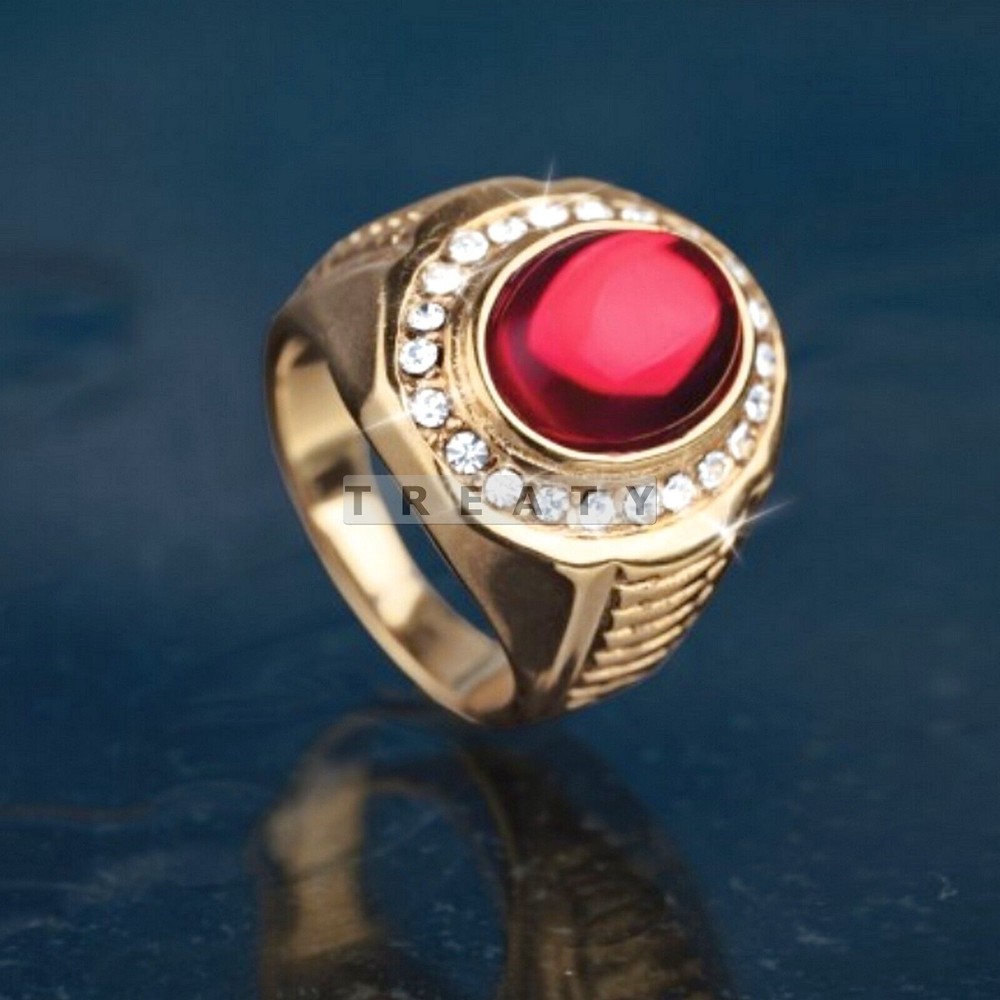 Garnet Oval Cut With 14K Solid   Gold  Ring For Men's #328