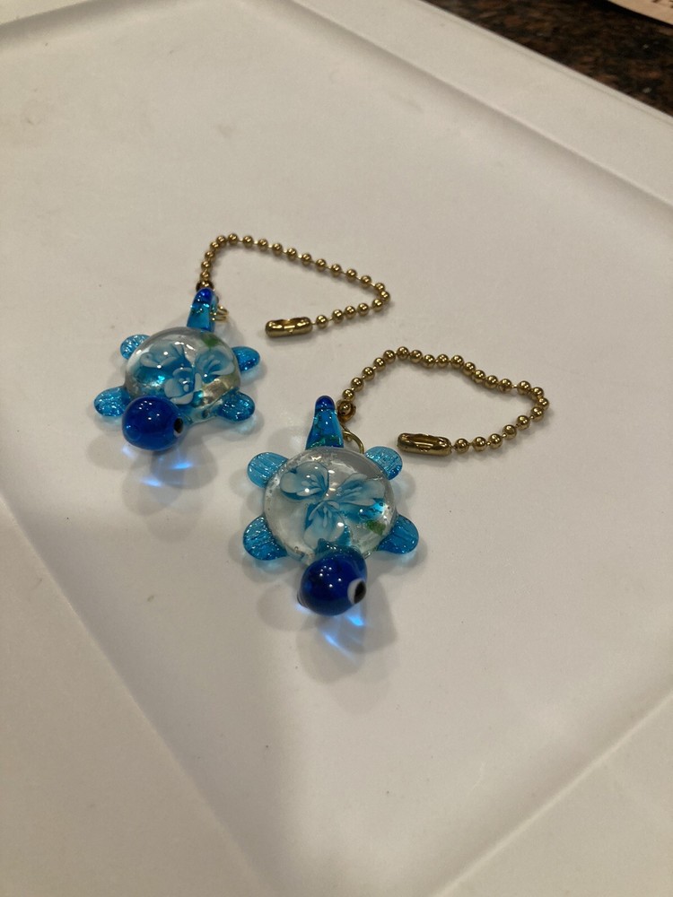 ART GLASS CEILING FAN LIGHT SWITCH PULL BLUE FLORAL BURST TURTLES LARGE PAIR