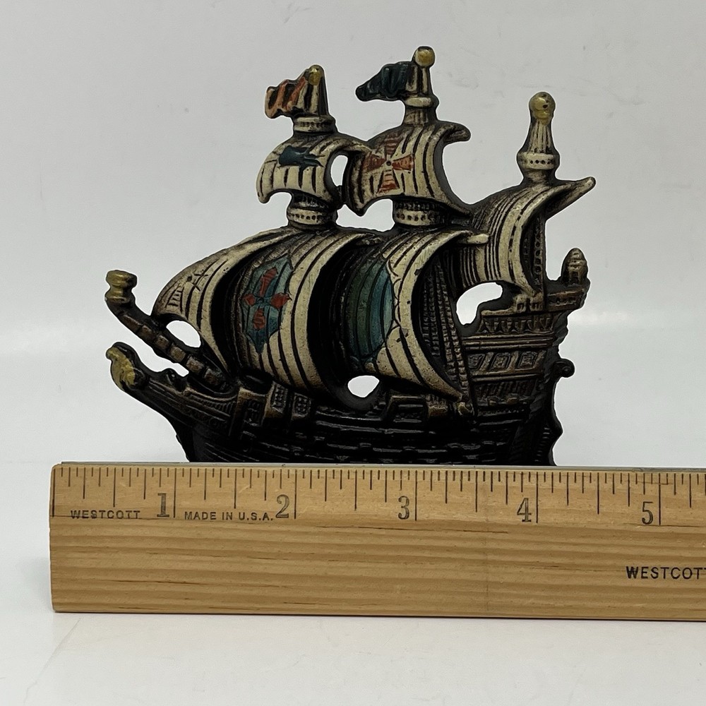 Antique Cast Iron Sailing Ship Bookends Painted Nautical Decor Pair