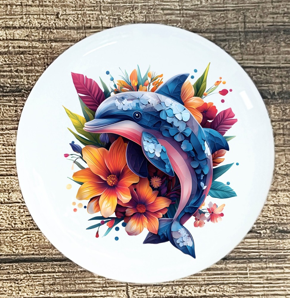 DOLPHIN  FLORAL back round White ceramic knob kitchen cabinet pull STYLE 9