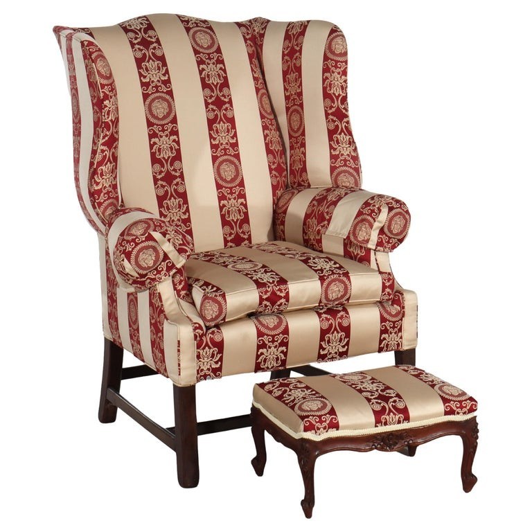 Chippendale Wingback Feather Cushion Armchair & Footstool c1880
