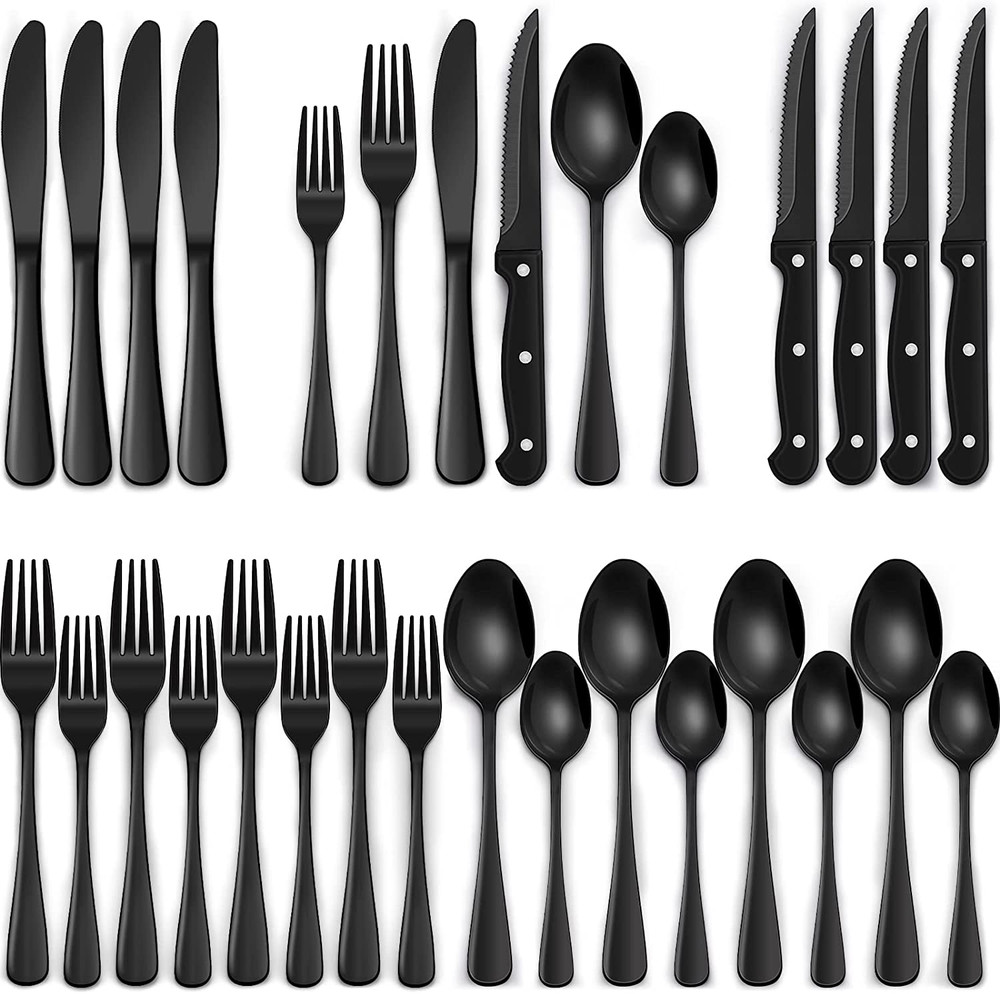24-Piece Black Silverware Set with Steak Knives, Black Flatware Set for 4, Food-