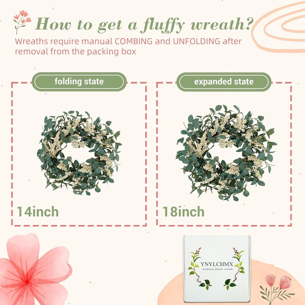 Durable 18" Spring Wreath with Eucalyptus & White Berries for -Round Charm