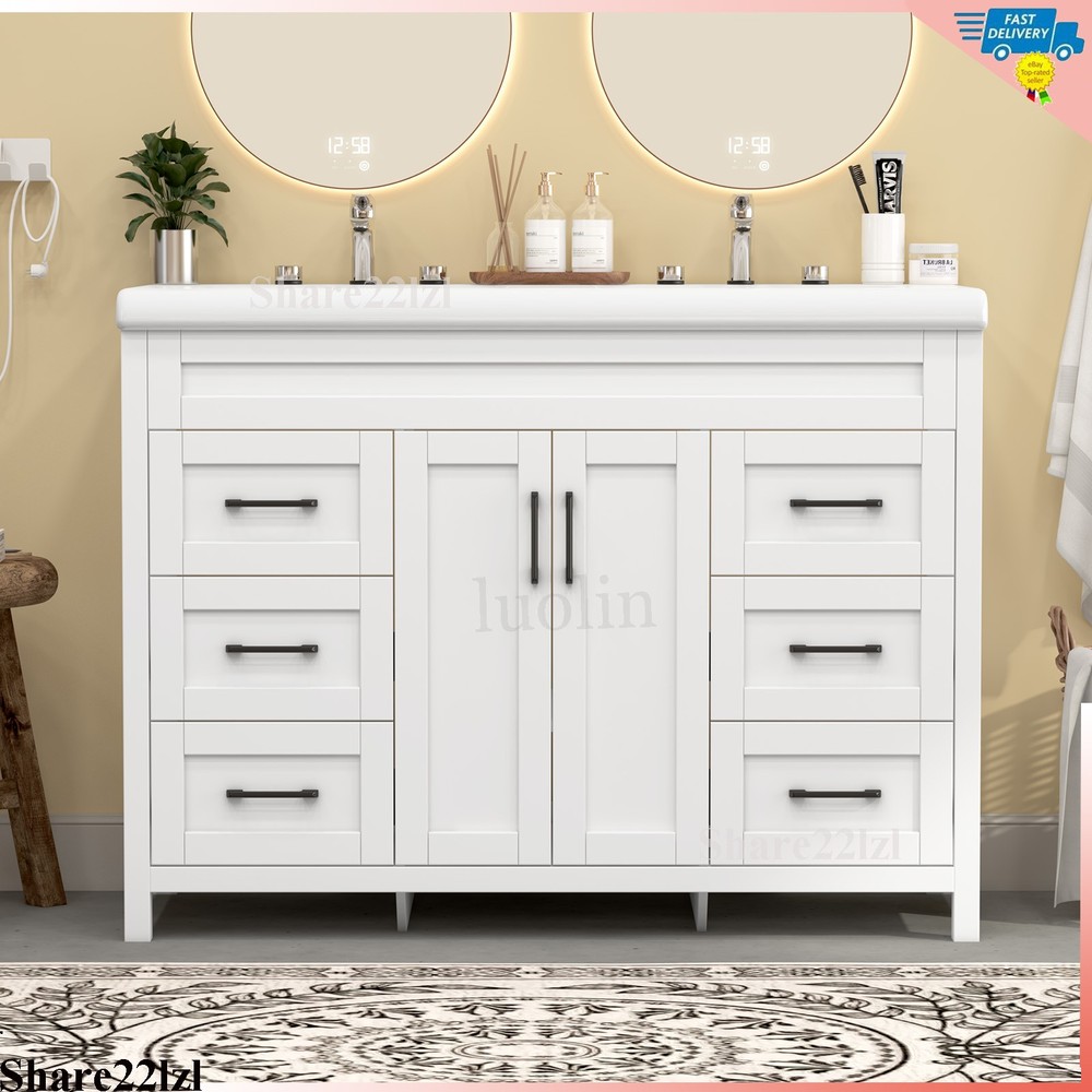 47" Bathroom Vanity Set with Double Ceramic Sinks Artificial Marble Countertop
