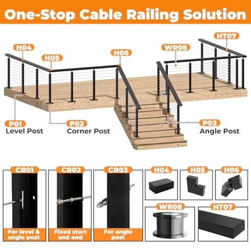 4FT Stainless Steel Black Handrail for Cable Railing System, Rectangular Flat