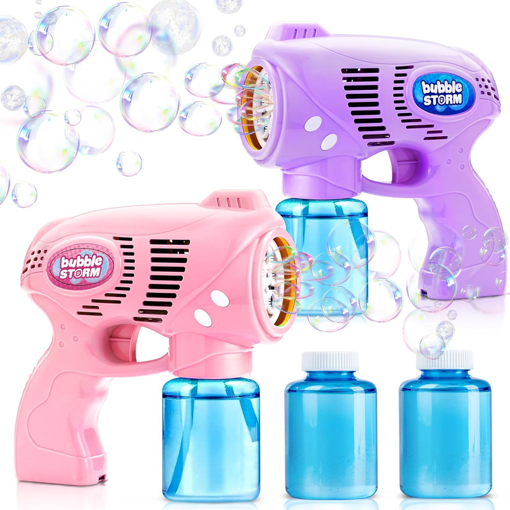 2 Bubble Guns with 2 Bottles Bubble Refill Solution, Bubble Machine Gun for K...