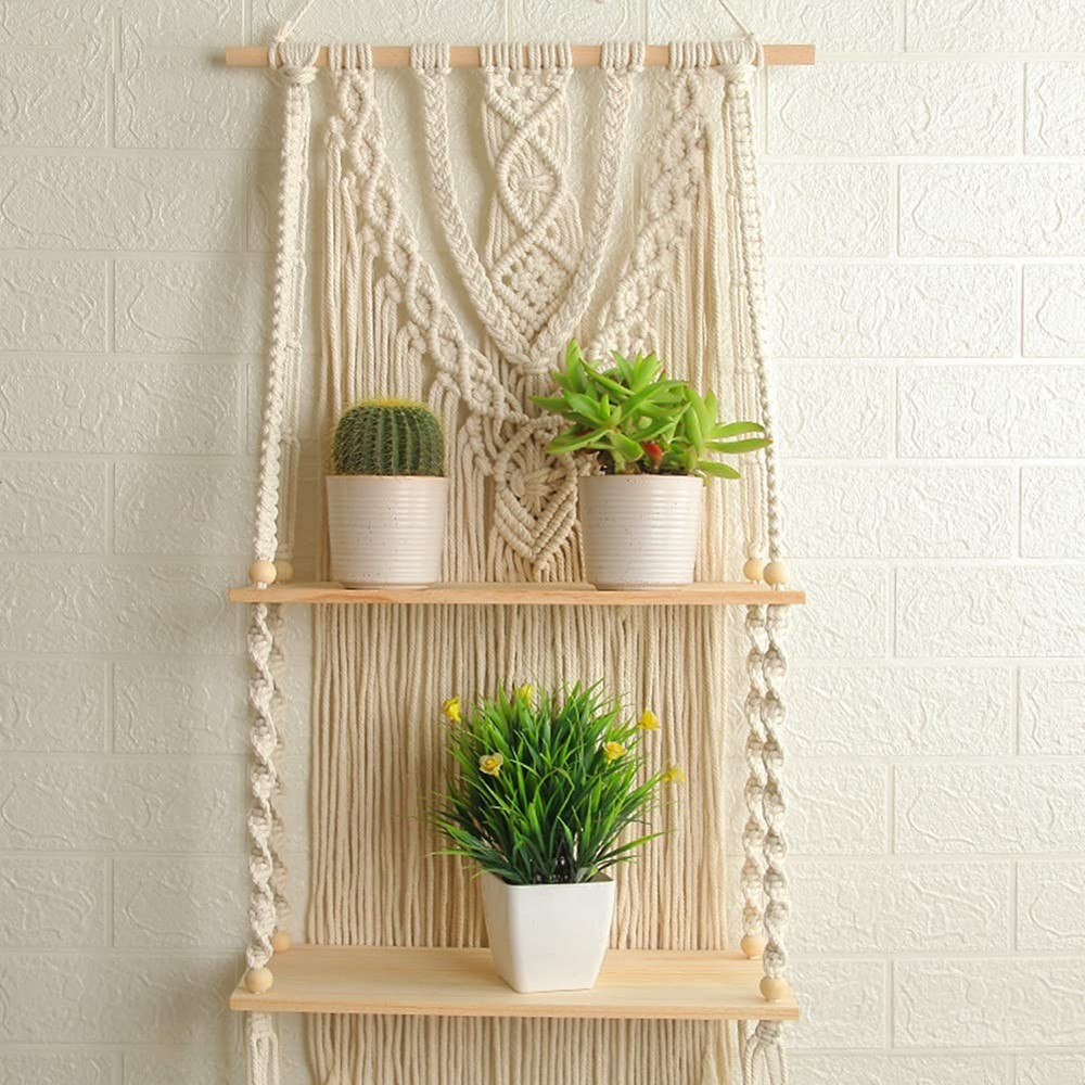 Macrame Wall Hanging Shelf - Boho Hanging Shelves for Wall - Decorative Bohem...