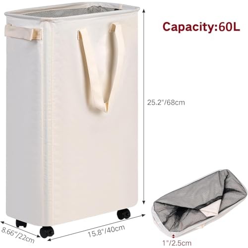 Slim Laundry Hamper with Wheels, Rolling Laundry Basket for Clothes, 60L Beige
