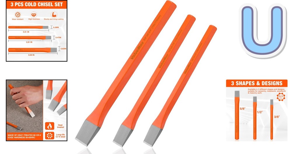 Professional Quality 3-Piece Cold Chisel Set - Heavy Duty for Woodwork & Masonry
