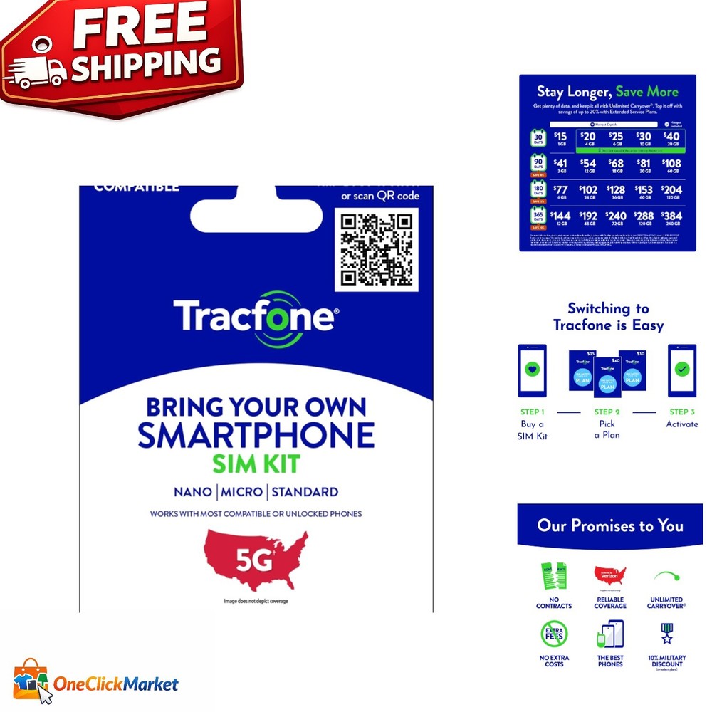 Universal Prepaid SIM Card Kit with 4G/5G Coverage - Tracfone Plans Inside