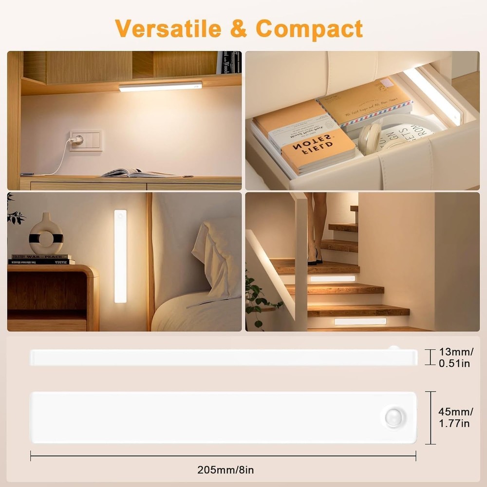 Smart Motion Sensor Under Cabinet Lighting - 2-Pack Rechargeable & Dimmable