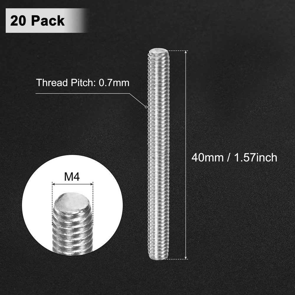 20-Pack Fully Threaded Rod, M4x40mm Stainless Steel Right Hand Thread Bar Studs