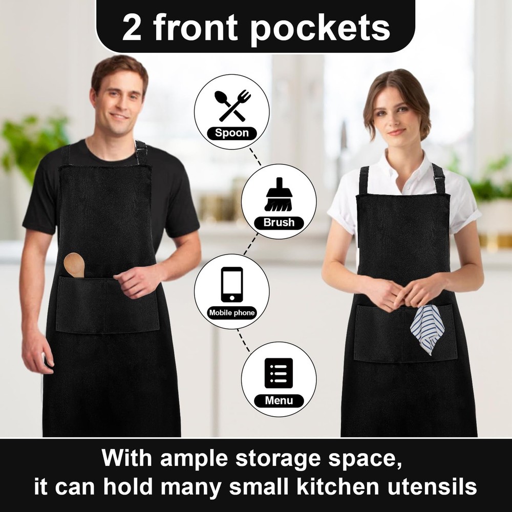 12Pcs Bib Aprons Bulk,Adjustable Black Apron with 2 Pocket,Waterproof Kitchen...