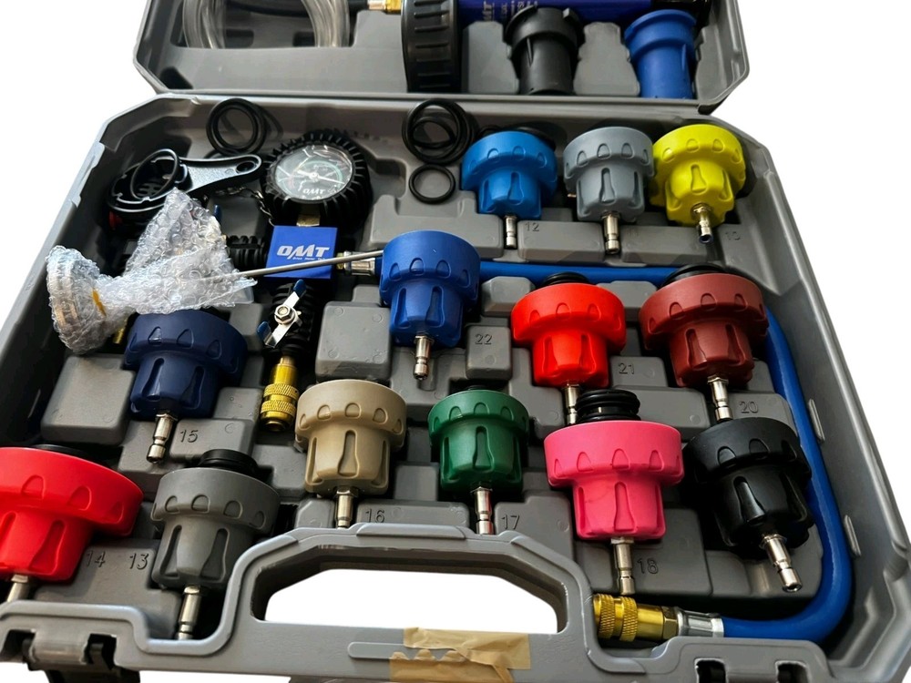 OMT 31pc Radiator Pressure Testing & Refilling Kit 23 Adapters Vacuum Pump Gray
