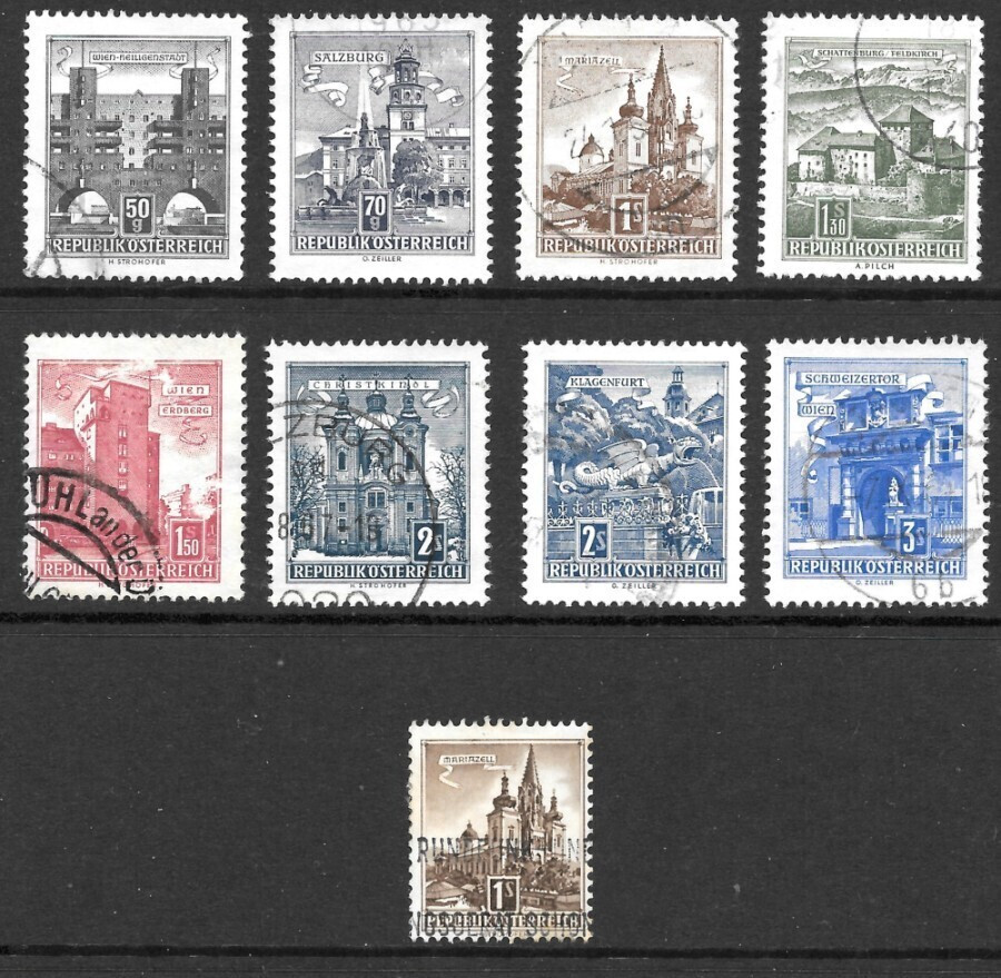 Austria 1957, Buildings, 9 values, Used (listed)