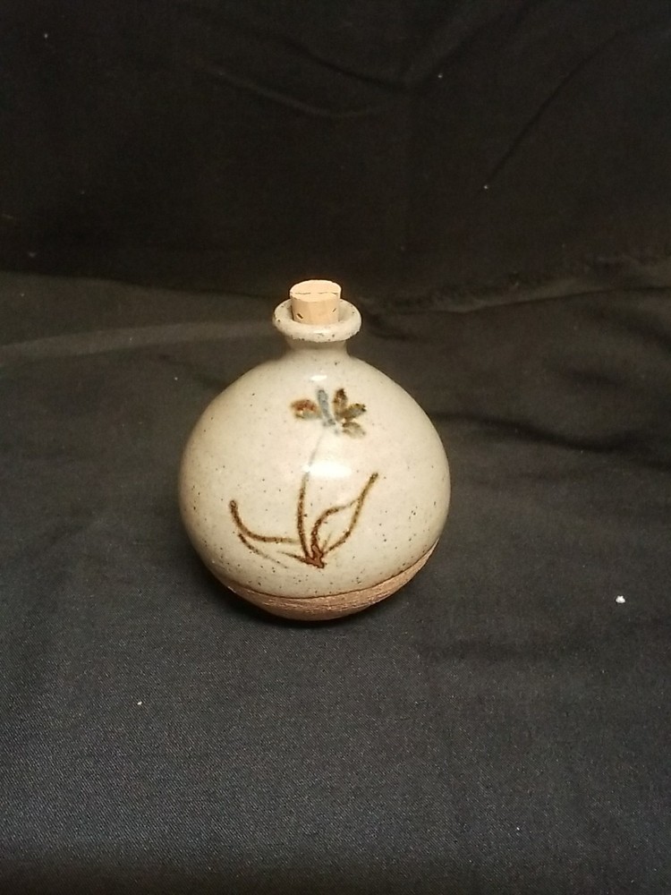 Small Ceramic Bottle w/Cork, Half Glazed, Flower Design, Green/Gray