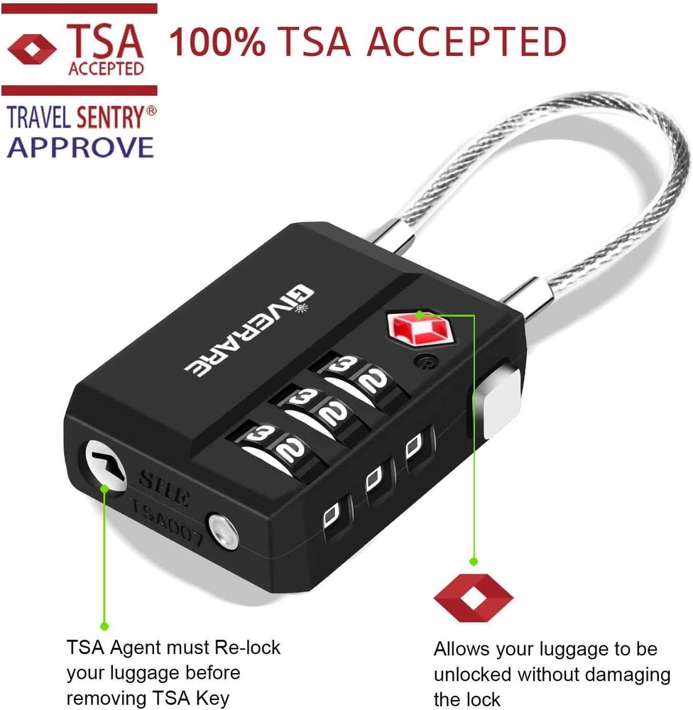2 Pack TSA Approved Travel Luggage Locks, Cable Combination Lock Black