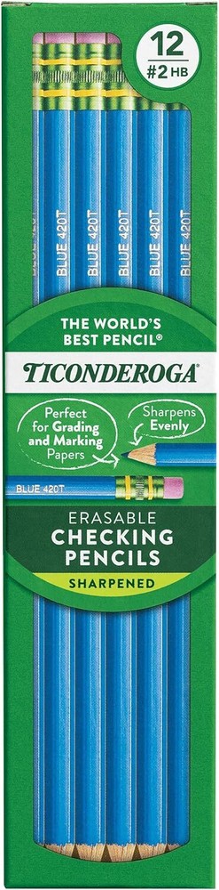 TICONDEROGA Erasable Checking Pencils, Pre-Sharpened with Eraser, Blue, Pack of