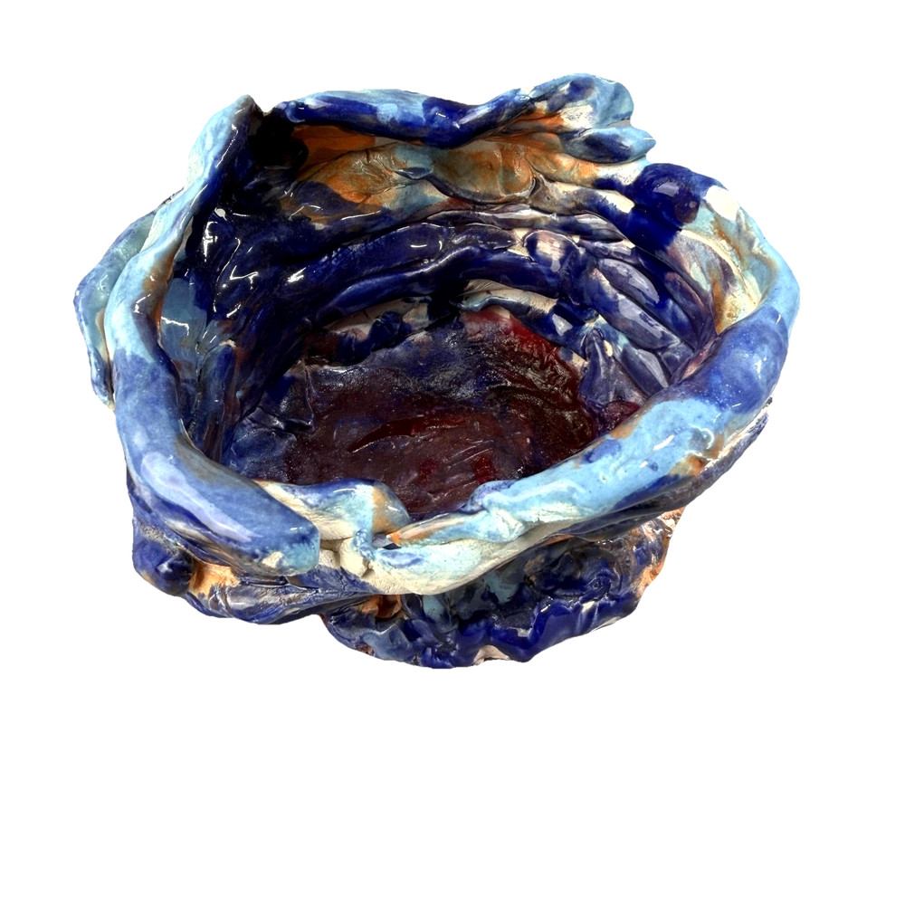 Handmade Coil Pottery Bowl Signed Larissa Blue Multicolor Glazed Ceramic Art