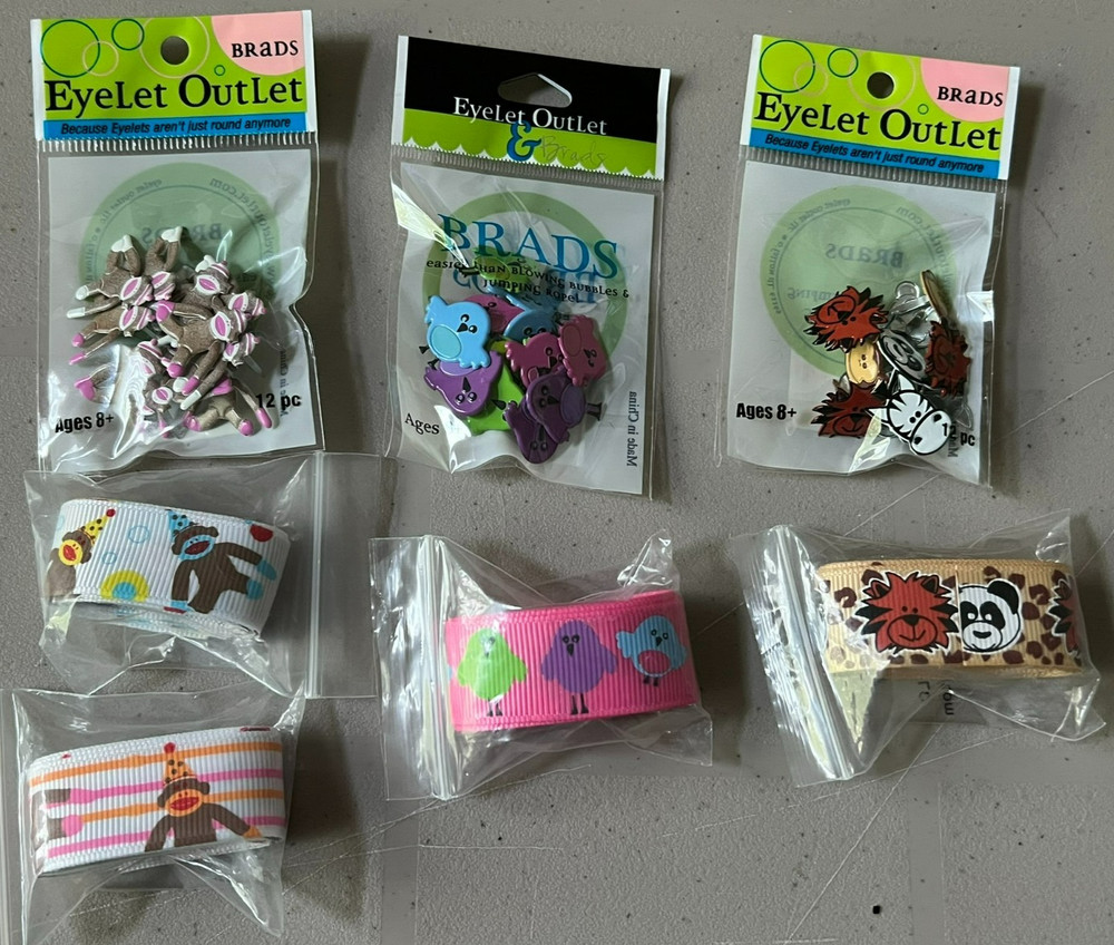 Eyelet Outlet Shape Brads 12/Pkg & matching ribbon (36") Monkey, Animals, Birds