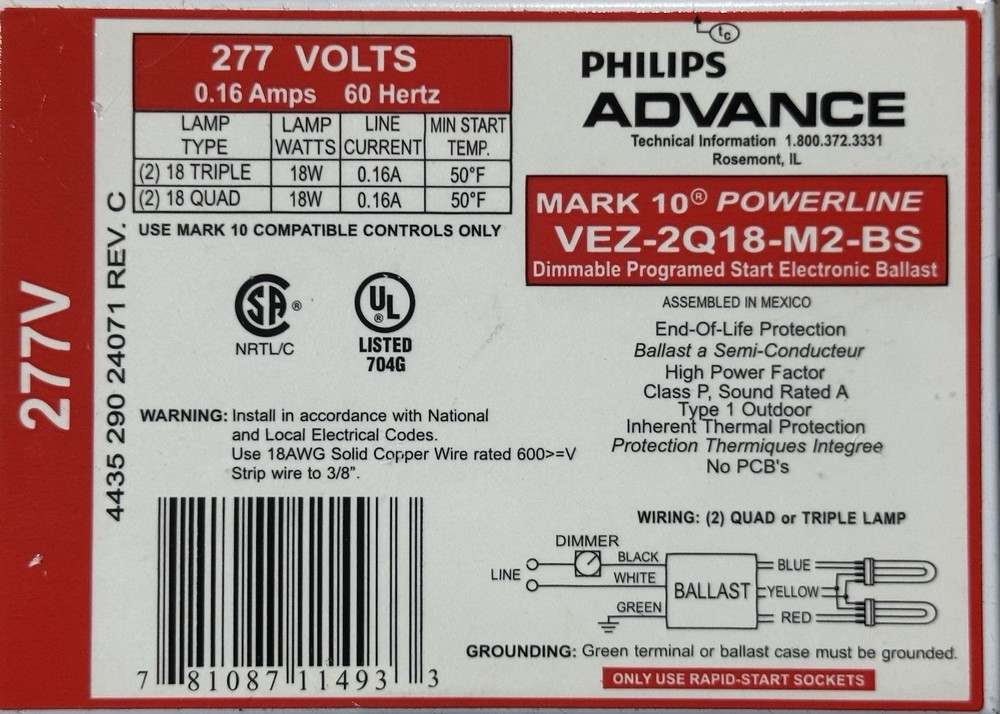 (2 Pieces) VEZ-2Q18-M2-BS Dimmable Programmed Start Electronic 277V 277 Ballast