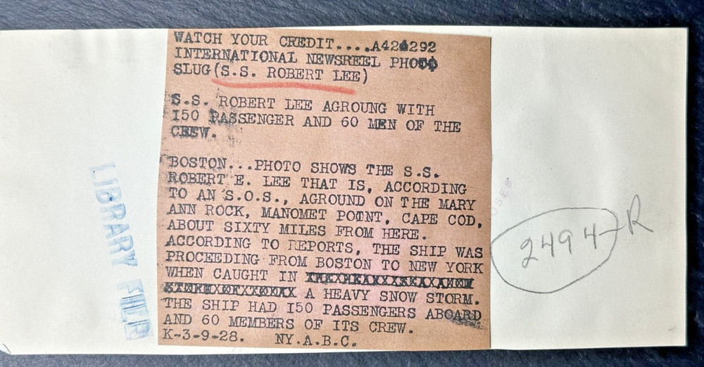 1928 PHOTO PRESS RELEASE: SS ROBERT E LEE RUN AGROUND USFP395