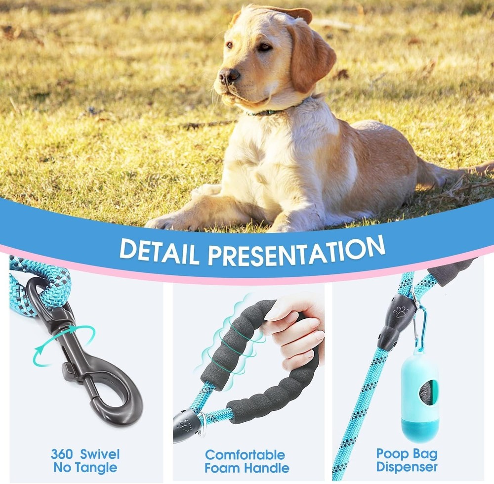 6FT Heavy Duty Dog Leash with Padded Handle & Reflective Threads - Blue