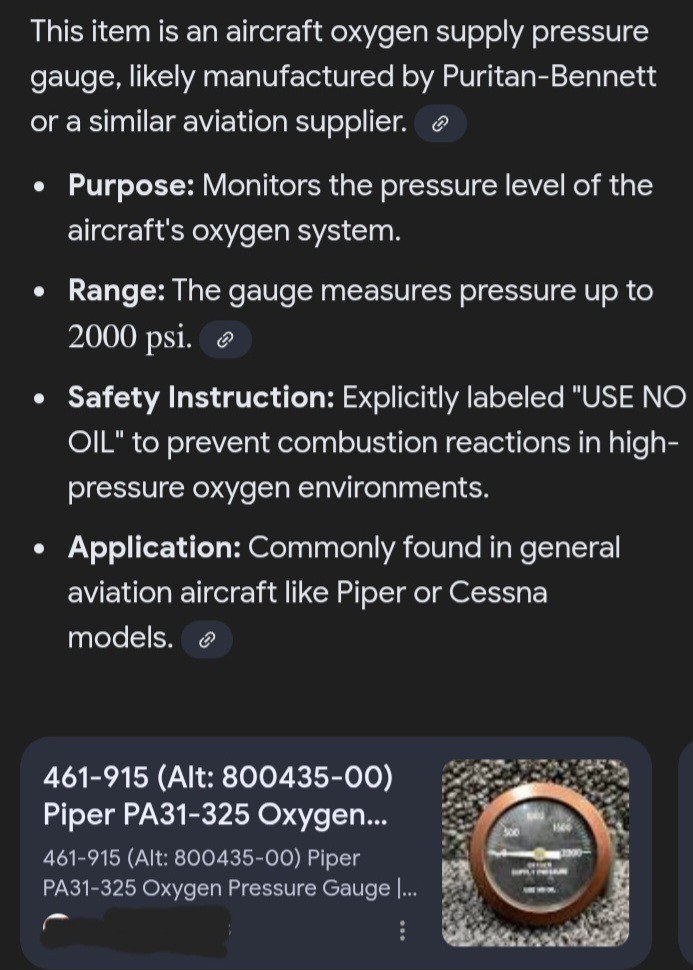 Oxygen Supply Pressure Indicator PN: 800435-00