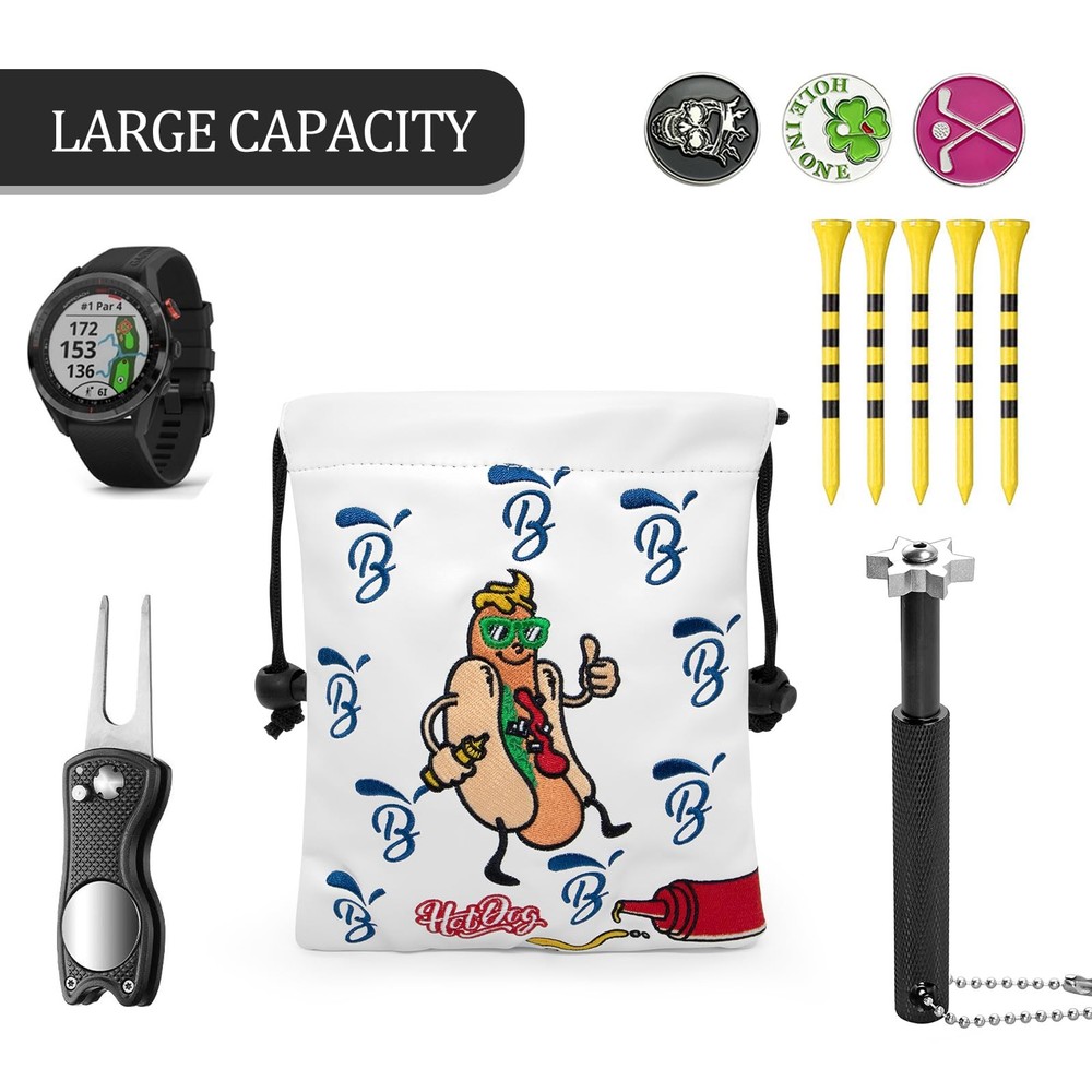 Golf Valuables PouchHot Dog Golf Pouch Bag with Drawstrings Leather Golf Tee ...