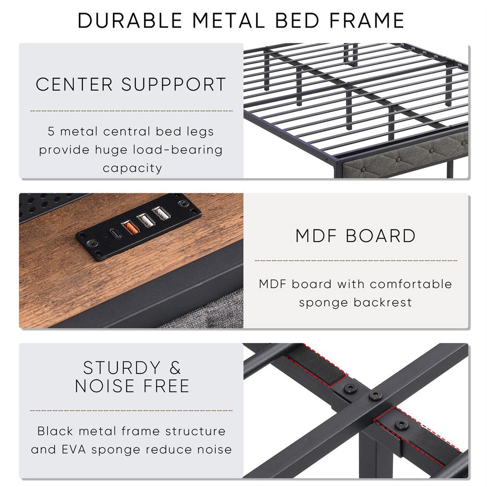 Full Size LED Bed Frame w/ Headboard & USB Port Upholstered Platform Bed Frame